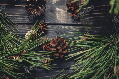 Preview: christmas tree branches with pine cones on rustic background top view