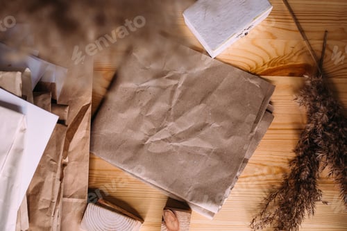 Preview: Dry reeds, reeds in retro vase, wood and neutral colors. Mockup craft paper for drawing or lettering