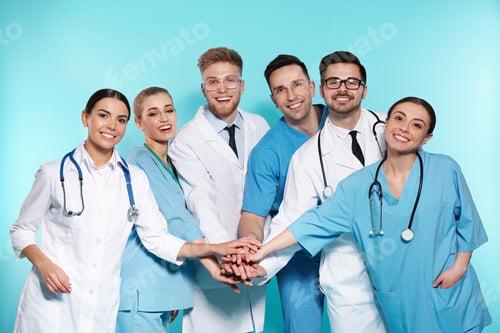 Preview: Group of medical doctors on color background. Unity concept