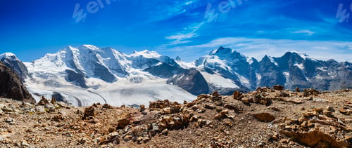 Preview: Panoramic view of rugged snow covered mountains, Diavolezza, Switzerland