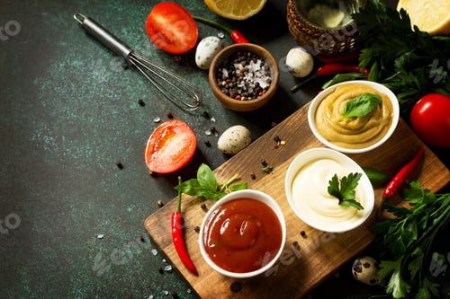 Preview: Set of sauces. Homemade Mayonnaise Sauce on the background of stone or concrete. Copy space.