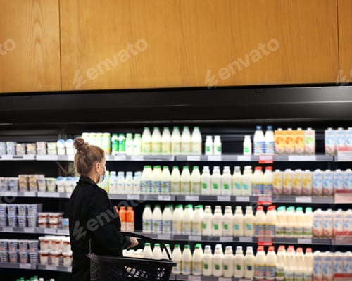 Preview: Supermarket Shopping, Face Mask And Gloves,Woman Choosing A Dairy Products At Supermarket