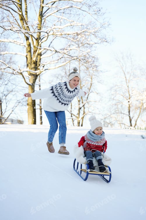Preview: Mother and her cute little son having on a sledding hill