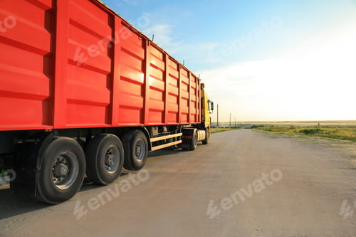 Preview: Modern truck on country road. Space for text