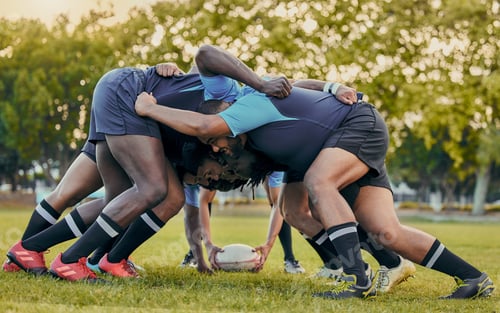 Preview: Scrum, sports and men playing rugby, catching a ball and preparing for a game on the field. Ready,
