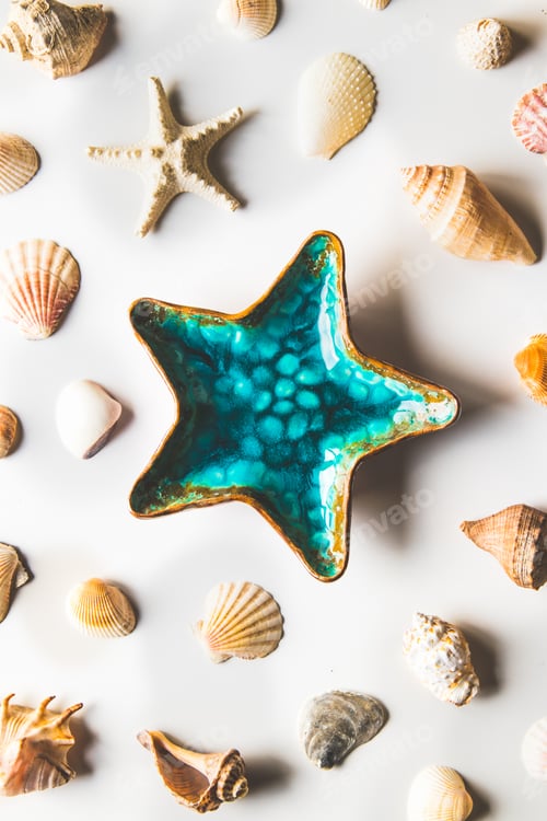 Preview: Beautiful plate starfish decoration on white background, top view