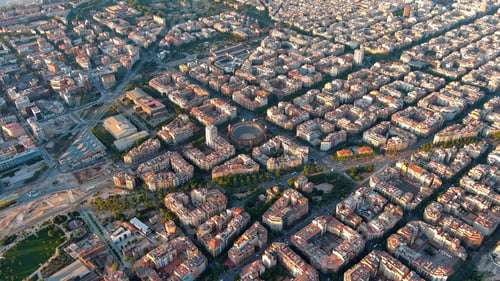 Preview: Aerial view of Barcelona Urban Skyline and Plaza de Toros Monumental de Barcelona (bullring)