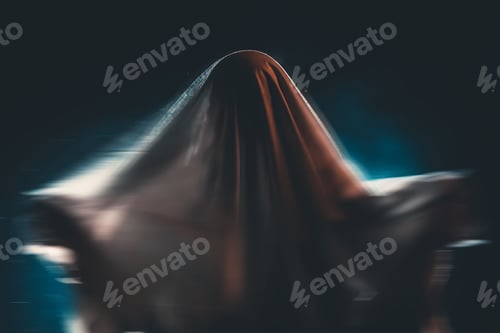Preview: Halloween concept with ghost in smoky night