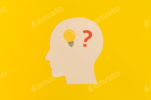 Preview: Human head with a question mark and lightbulb on yellow background
