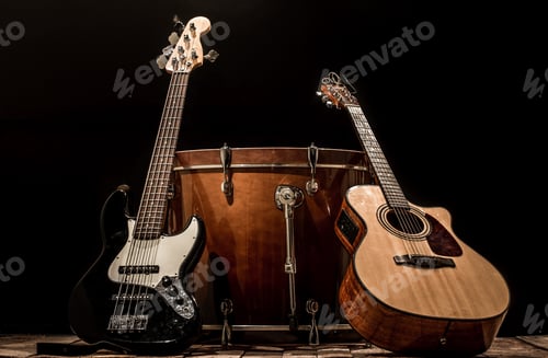 Preview: musical instruments, bass drum barrel acoustic guitar and bass g
