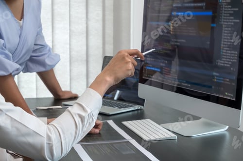 Team of programmers working with computer programming, professional development, coding technology