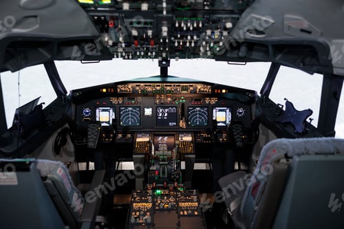 Preview: Empty airplane cockpit used by captain and copilot to fly