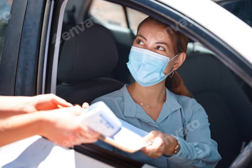 Preview: Car driver, face mask and covid woman check exam medical report for security, safety and corona vir