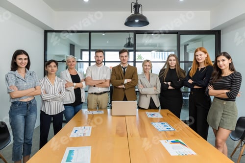 Preview: Diverse colleagues gather in brainstorm discuss statistics together.