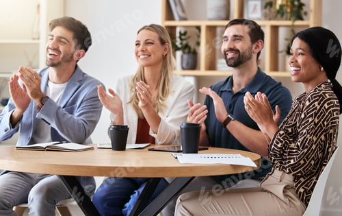 Preview: Applause, success and celebrating business people in a meeting clapping hands for company growth. H