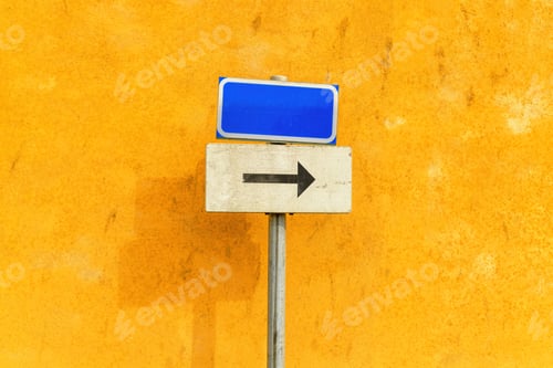 Preview: Mockup directional guide sign with arrow symbol pointing to the right against yellow wall