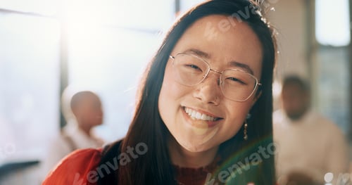 Preview: Face, portrait or woman in a meeting with a happy smile, motivation or growth mindset in an adverti