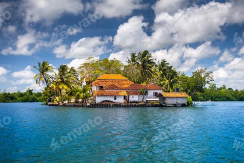 Preview: Buildings on peninsula, tropical plants. Sri Lanka