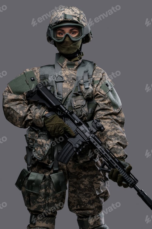Preview: Determined soldier woman with rifle against gray background