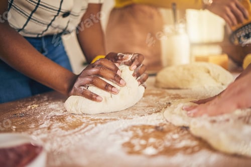 Preview: Bakery, hands and baking by people or chef on a kitchen table cooking bread, pizza or pastry with d