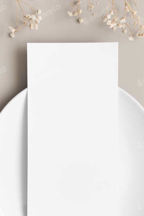 Preview: Menu card mockup with a gypsophila on a plate, 4x9 ratio.