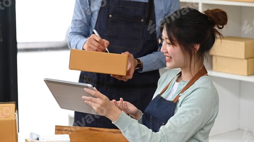 Preview: Cheerful young woman working on start up business with her colleague at home office.