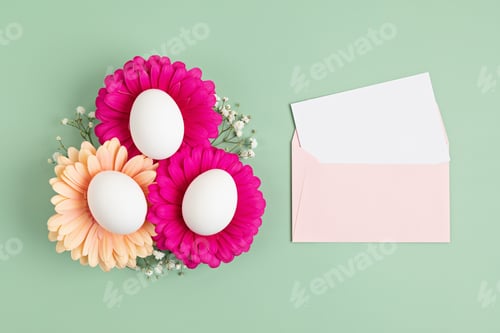 Preview: Spring flowers with easter eggs over green background. Easter holiday greeting card