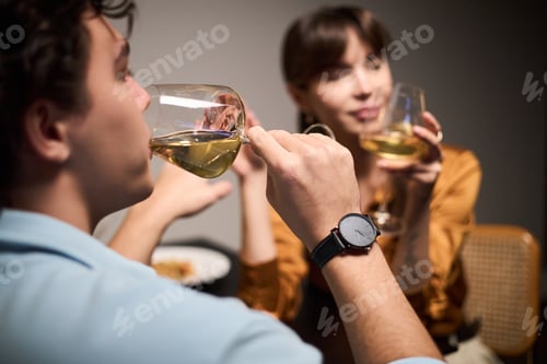 Preview: Young Man and Woman Drinking Wine and Socializing Indoors