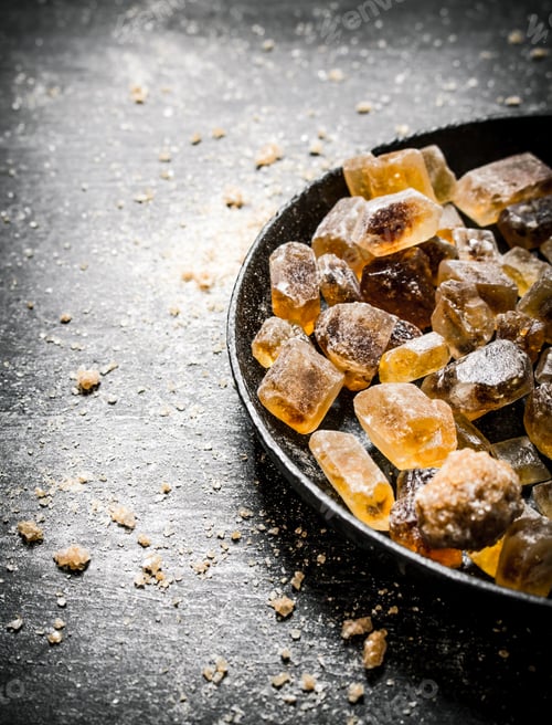 Preview: Crystal brown sugar. On black rustic background.
