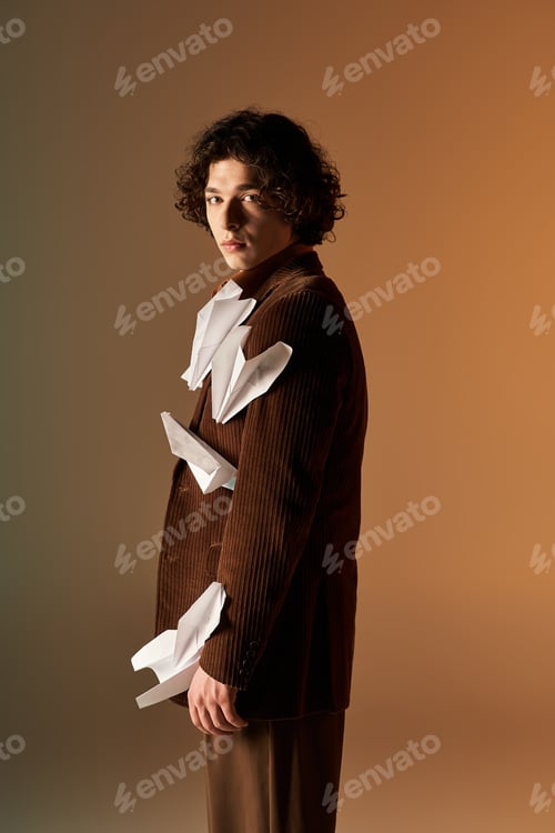 Preview: Young man in a stylish corduroy blazer with paper planes posing in a studio