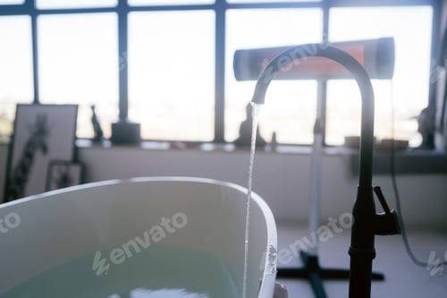 Preview: Water flows from a luxurious water tap into a large modern bathtub