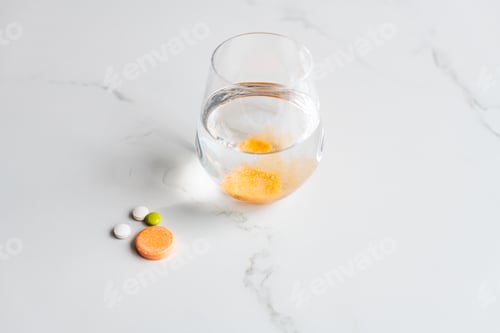 Preview: Closeup shot of multivitamin and effervescent tablets with a glass of water