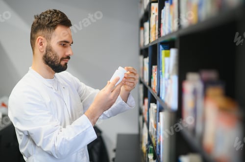 Preview: Pharmacist analyzing medicine bottle in drugstore