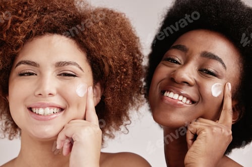 Preview: Happy, face cream and girl friends with diversity and happiness for sleepover skincare. Wellness, w