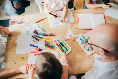 Preview: Overhead view family indoor drawing with coloured pencil