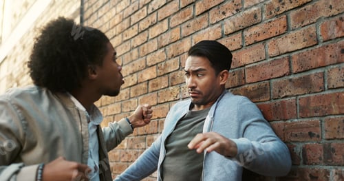 Preview: Conflict, fighting or stress with men in city for aggressive disagreement, physical harm and violen
