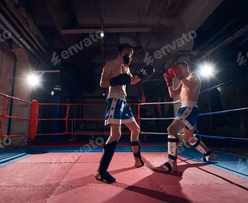 Preview: Boxers training kickboxing in the ring at the health club