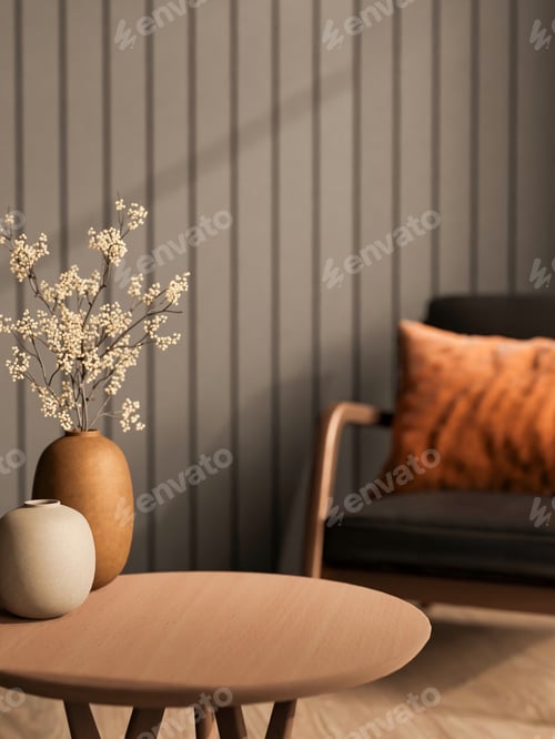 Preview: Flower vase on round wooden table across black slats wall and chair on parquet floor in modern room.