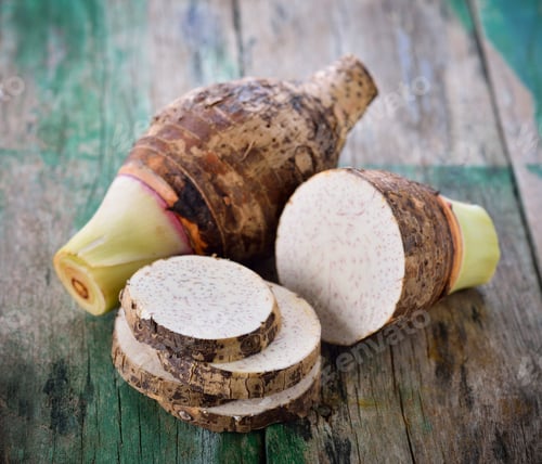 Preview: taro root on wooden