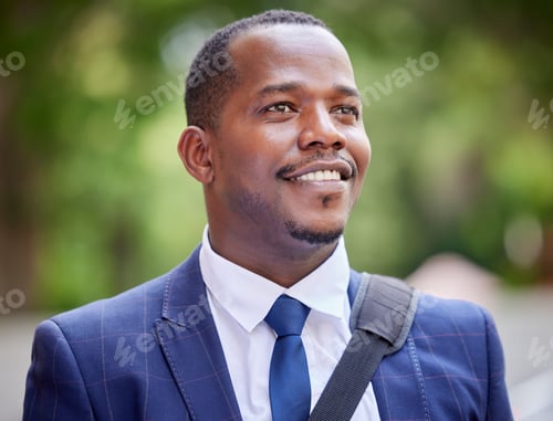 Preview: Happy black business man in the city, professional entrepreneur commute to work and outdoor in park