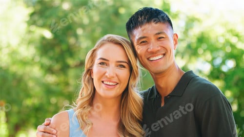 Preview: Happy Couple Smiling Together in Sunny Park During Summer Afternoon