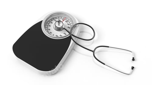 Preview: Bathroom scale with stethoscope, isoalted on white background.