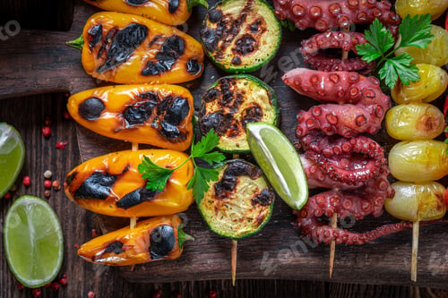 Preview: Grilled skewer with vegetables and fresh seafood.