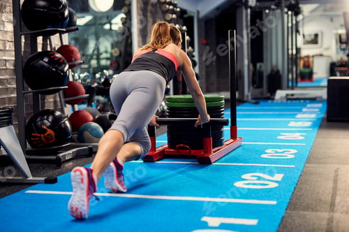 Preview: Rear view of young woman training, pushing weight sled in gym