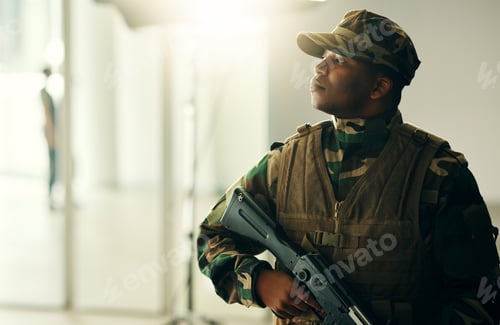 Preview: Thinking, soldier and black man with gun in army, vision and serious in security. Military veteran,