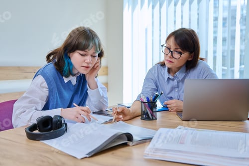 Preview: College student girl sitting with female teacher studying individually in class