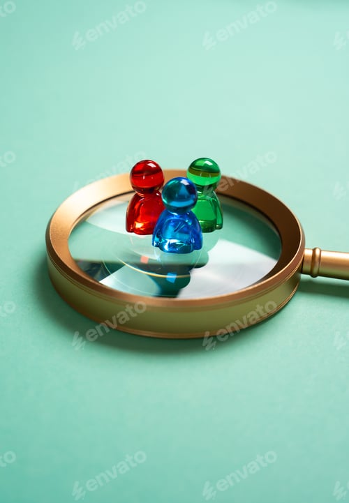Preview: Figures of people on a magnifying glass. Hiring new workers. Social sciences and research