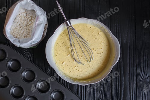 Preview: Dough Liquid, Raw Ingredients (Eggs, Flour, Sugar, Salt And More) Menu Concept. Food Background