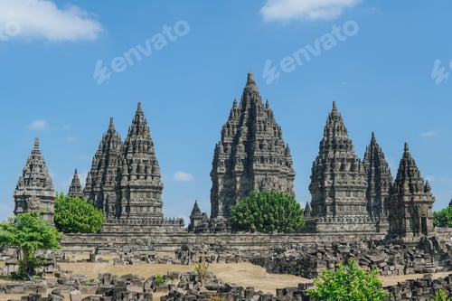 Preview: Prambanan temple complex in Yogyakarta, Indonesia with clear sky nature background.