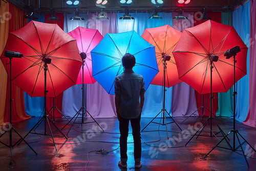 Preview: Man standing among colorful open umbrellas under studio lights, AI-generated.
